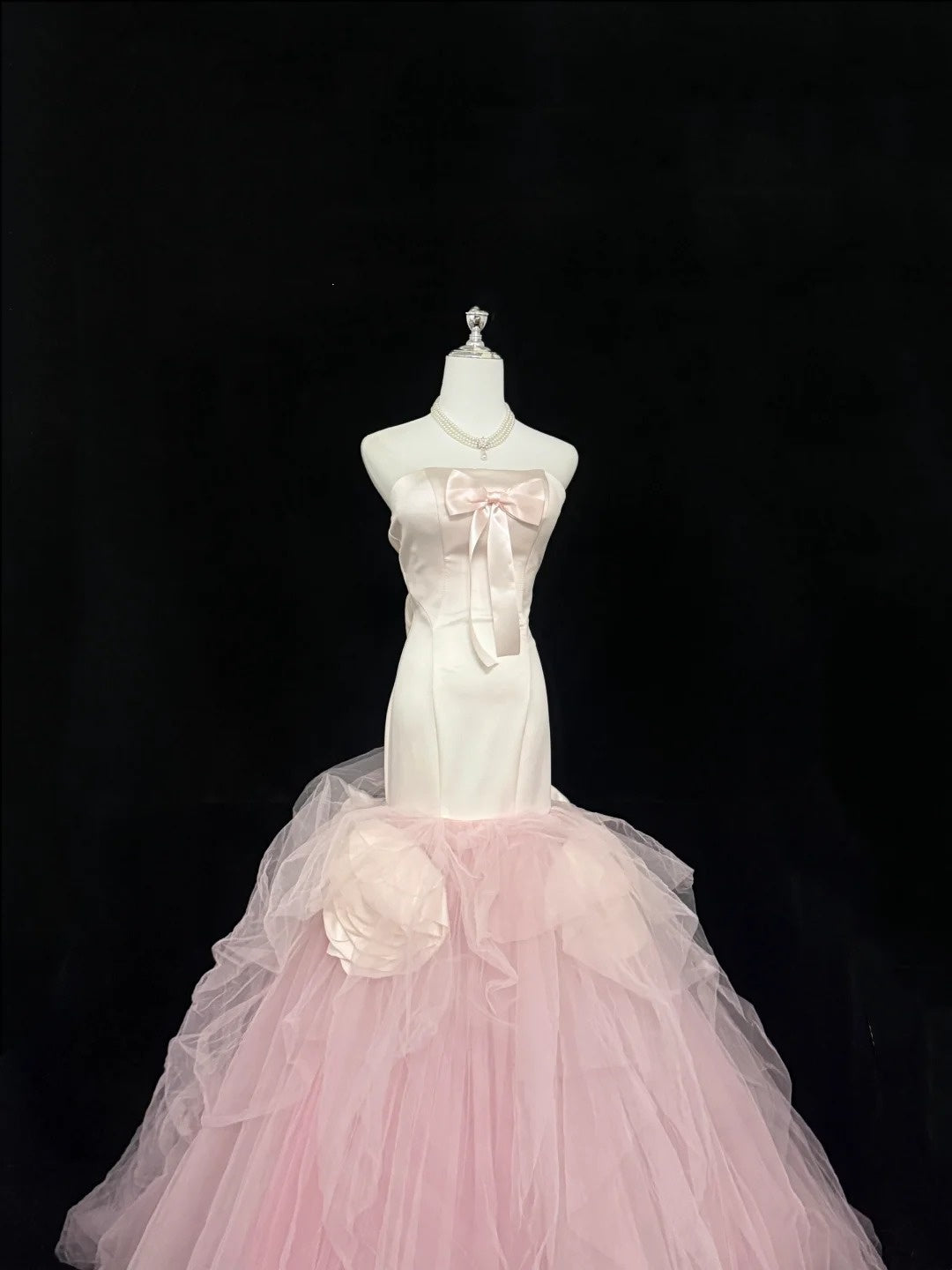 Prom Dress Long Floor Length Mermaid Strapless Tulle Pink With Flowers Formal Evening Gown For Women RC0322