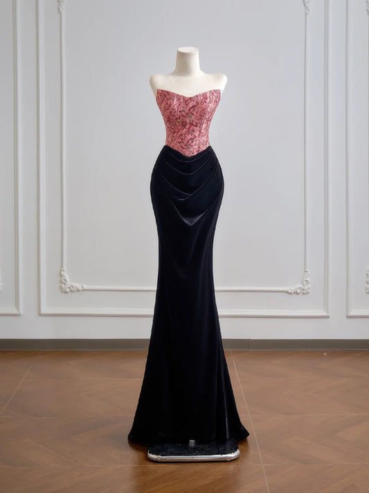 Flattering Mermaid Strapless Pink Satin With Velvet Black Prom Dresses Long Evening Formal Birthday Party Gowns N382