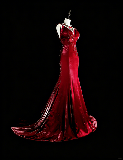 Vintage Prom Dresses Aesthetic Mermaid Spaghetti Straps Burgundy Classic Inspo Formal Party Dress N1993