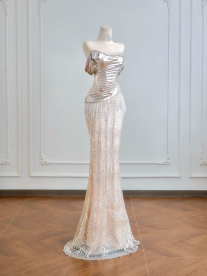 Sparkling Mermaid Off The Shoulder Champagne Sequin Long Prom Dresses Impress 18th Birthday Outfits Party Gown N389