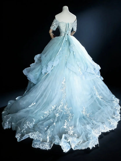 Modest Prom Dresses Ball Gown Off The Shoulder Light Blue Tulle With Sleeves Long Quince Dress N3050