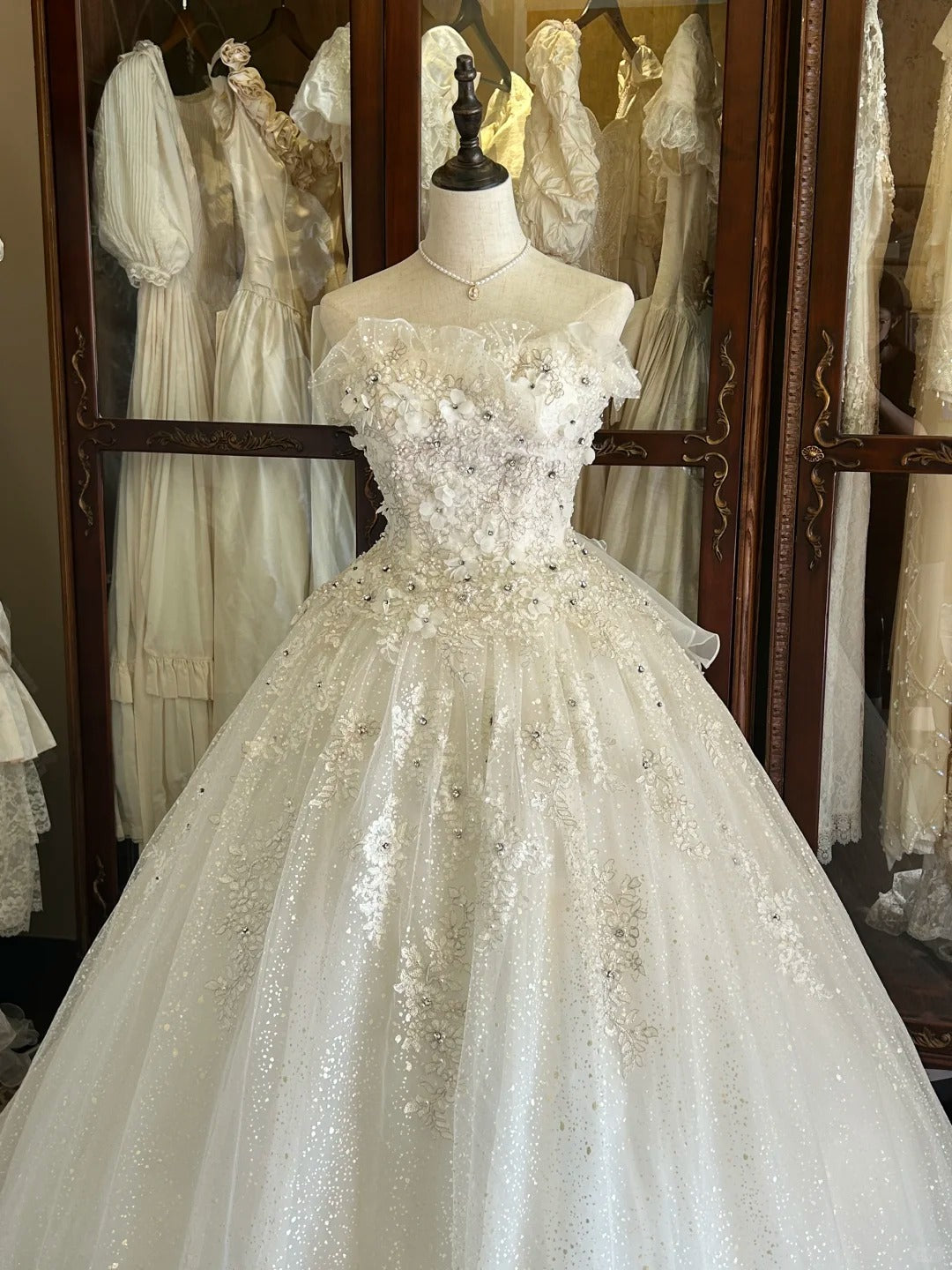 Vintage 80s Wedding Dresses Ball Gown Strapless Sequin Long Brides Dress Fitted Bridal Gown N2269