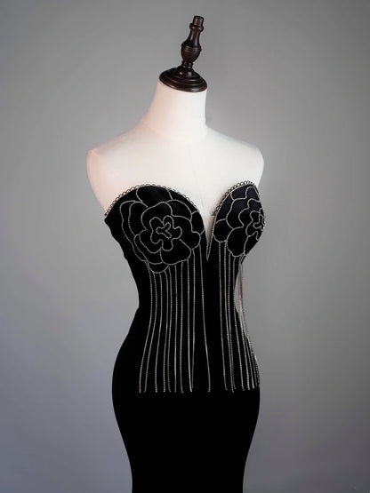 Modest Mermaid Sweetheart Black Velvet College Formal Outfit Prom Graduation Dresses For Teens N1178