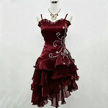 Cute Ball Gown Spaghetti Strap Burgundy Little Black Organza With Silver Beading Party Dress Homecoming Dresses N3907