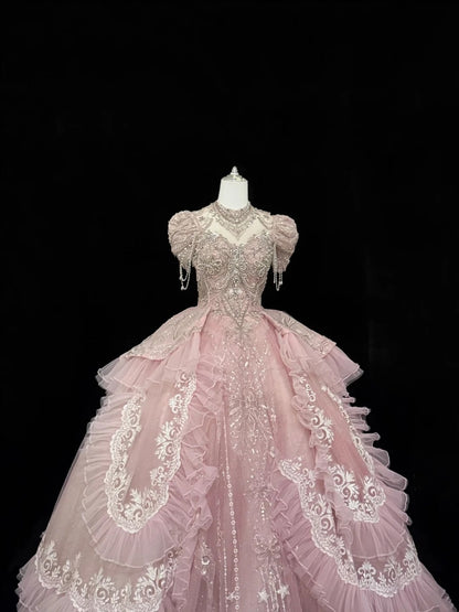 Sweet 16 Dresses Long Ball Gown Sweetheart Pink With Lace Appliques Sweet Sixteen Birthday Gown RC0320