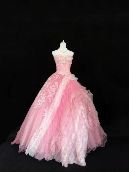 Sweet 15 Quinceanera Dress Ball Gown Sweetheart Pink With Lace Appliques Tulle 15th Birthday Gown RC0254