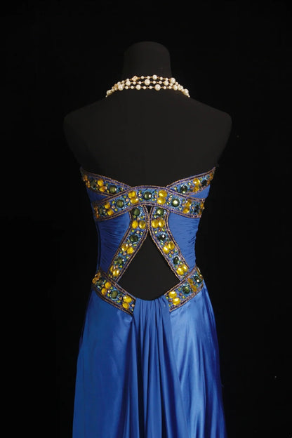 Princess Mermaid Strapless Royal Blue Satin With Beading 18th Birthday Dress Evening Prom Formal Dresses RB3269