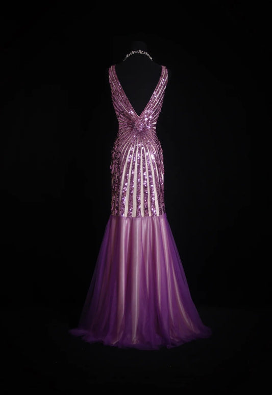 Vintage Prom Dresses Aesthetic 80s Retro Mermaid V Neck Lilac Sequins Floor Length Evening Outfits N2330