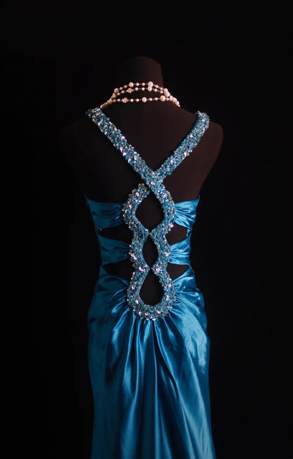 Retro Mermaid Halter Teal Blue Satin 2000s Long Prom Dresses Inspo 18th Birthday Outfits Formal Dress N498