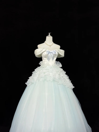 Tulle Prom Dress Long Floor Length Ball Gown Off Shoulder With Bow-knot Formal Evening Gown For Women RC0246