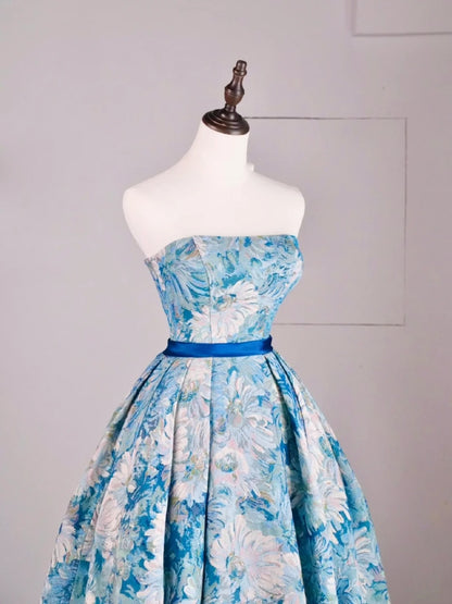Beautiful Ball Gown Strapless Blue Floral Satin Long Prom Dresses Formal Gowns Inspo Evening Outfit N241