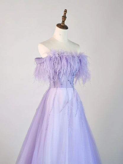 Ball Gown Strapless Lilac Tulle With Feathers Long Prom Dress Fashion Aesthetic High School Formal Dresses Party Outfits Prom Gown N678