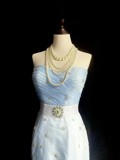 Vintage 1760s Mermaid Sweetheart Light Sky Blue Tulle Sleeveless Pleated Long Prom Dresses N1583