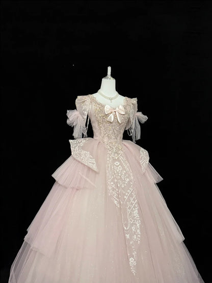 Sweet 16 Dresses Long Ball Gown Squaure Neck Pink With Lace Appliques Sweet Sixteen Birthday Gown RC0325