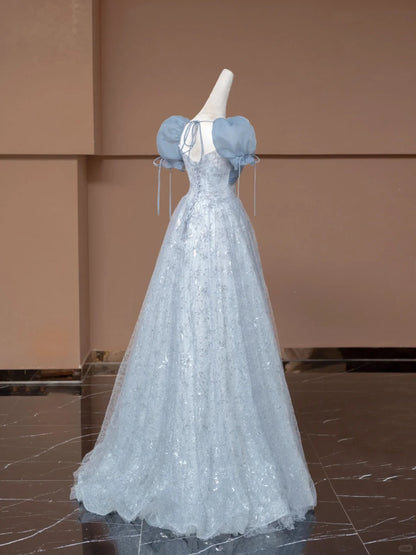 Fairytale Ball Gown Sweetheart With Puffy Sleeves Blue Tulle Long Formal Evening Dress Formal Birthday Gowns Prom Dresses N730