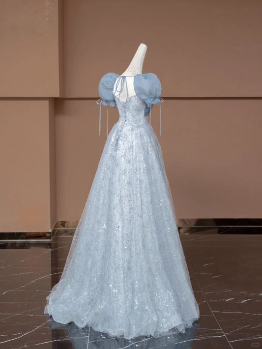 Fairytale Ball Gown Sweetheart With Puffy Sleeves Blue Tulle Long Formal Evening Dress Formal Birthday Gowns Prom Dresses N730