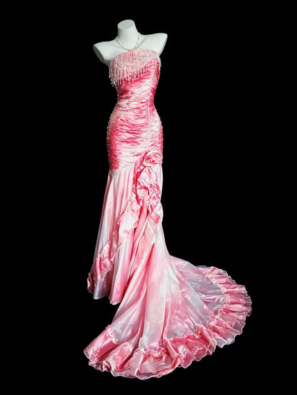 Stylish Mermaid Strapless Ombre White Pink Floor Length Prom Dresses Inspo Evening Outfits RB4469