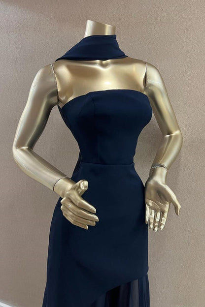 Charming Dark Navy Strapless Sleeveless Stain Prom Dresses Sheath Long On Sale AB1930
