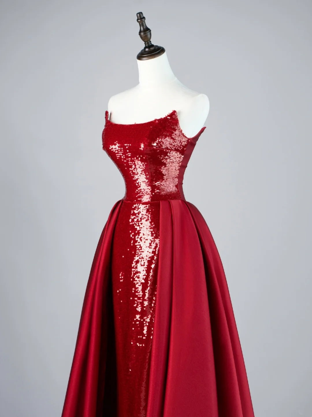 Sparkly Mermaid Strapless Burgundy Sequin Pleated With Train Satin Long Prom Dresses Formal Gowns N848