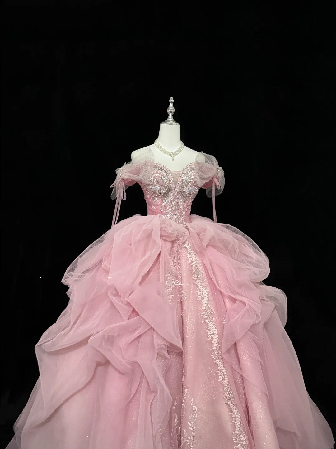 Pink Sweet 16 Dresses Long Ball Gown Off Shoulder With Ruffled Sequined Lace Sweet Sixteen Birthday Gown RC0235