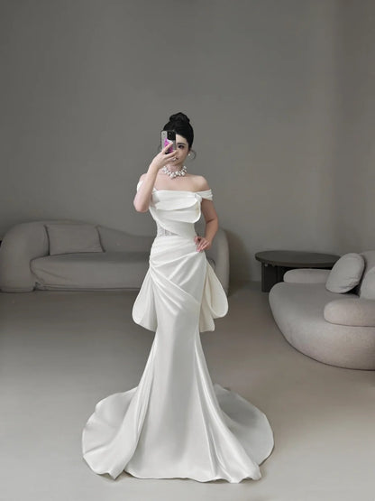 Classic Mermaid Wedding Dresses Off The Shoulder Satin White With Short Sleeves Brides Dress Summer Bridal Gowns N235