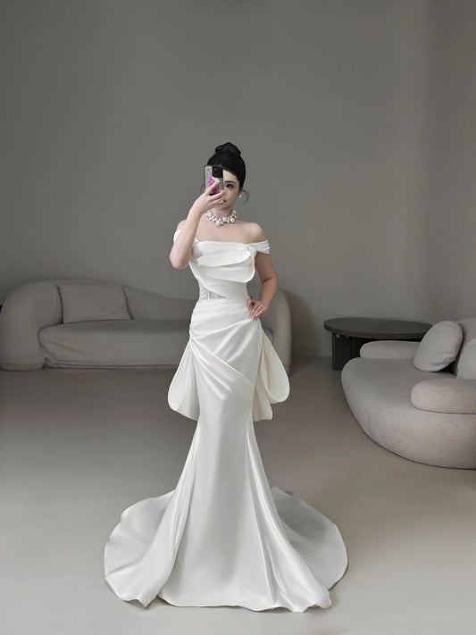 Classic Mermaid Wedding Dresses Off The Shoulder Satin White With Short Sleeves Brides Dress Summer Bridal Gowns N235