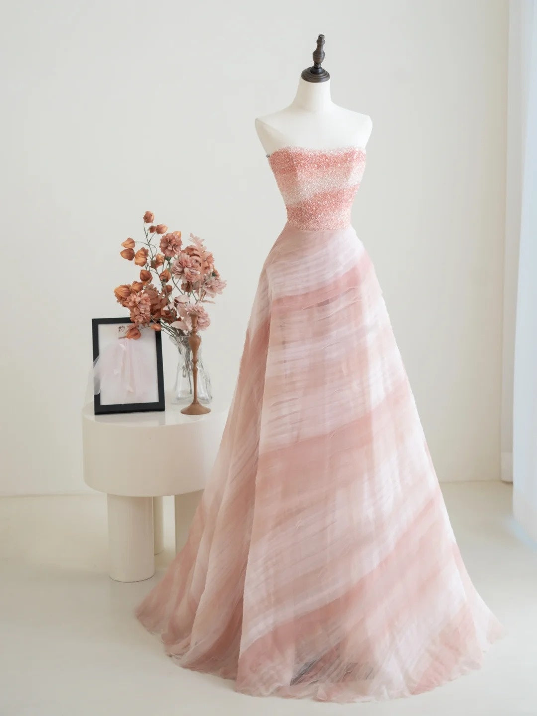 Classy Ball Gown Strapless Pink Tulle Crystals Beading Prom Dresses Long Party Dress 18th Birthday Outfit Graduation Dress N233
