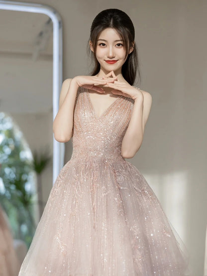 Cute Ball Gown Deep V Neck Pink Sequin Long Prom Dresses Impress 19th Birthday Outfits Prom Gown N236
