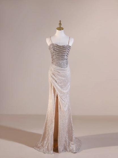 Sexy Mermaid Spaghetti Straps Champagne With Beadings Slit Wrap Long Prom Dresses Impress 19th Birthday Outfits Prom Gown N238