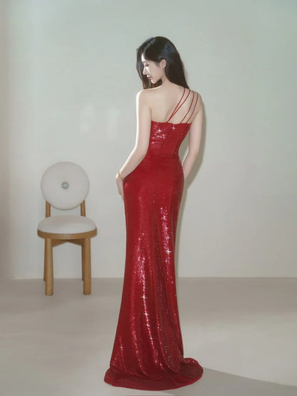 Simple Mermaid One Shoulder Burgundy Sequin Long Prom Dresses Formal Gowns Inspo Evening Outfit N225