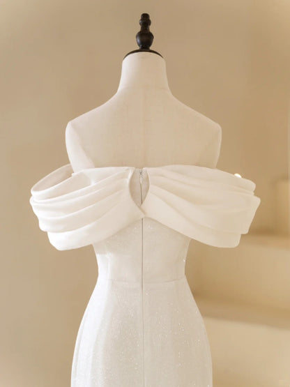 Classic Mermaid Wedding Dresses Off The Shoulder Satin White With Short Sleeves Brides Dress Long Bridal Gowns N234