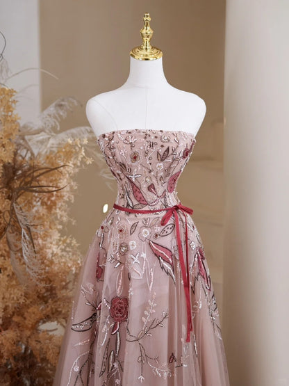 Cute Ball Gown Strapless Floral Tulle Lace Long Prom Dresses Impress 19th Birthday Outfits Prom Gown N237