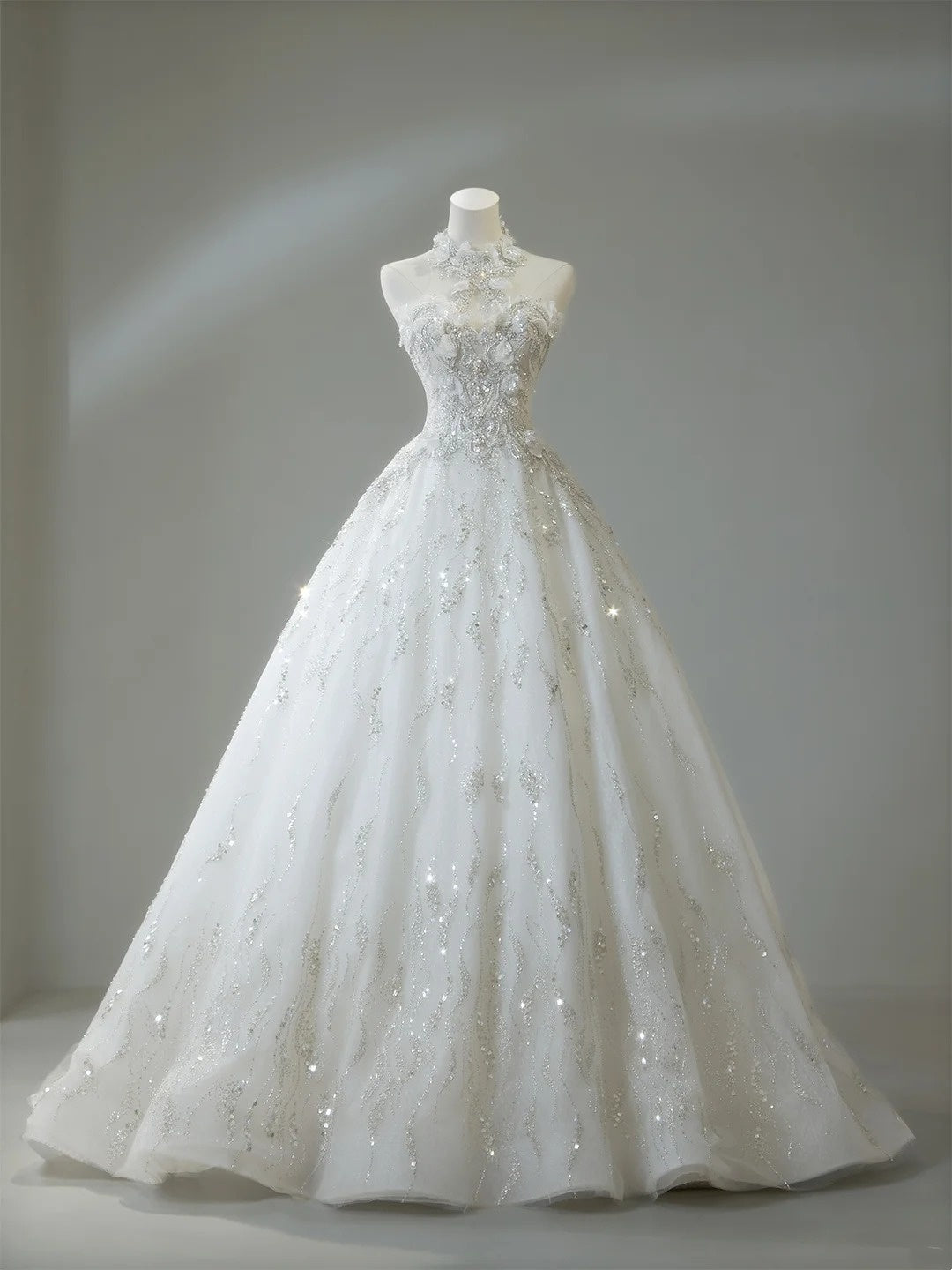 Classic Ball Gown High Neck Wedding Dresses Crystal Beading Sequin White Brides Dress Summer Bridal Gowns N276