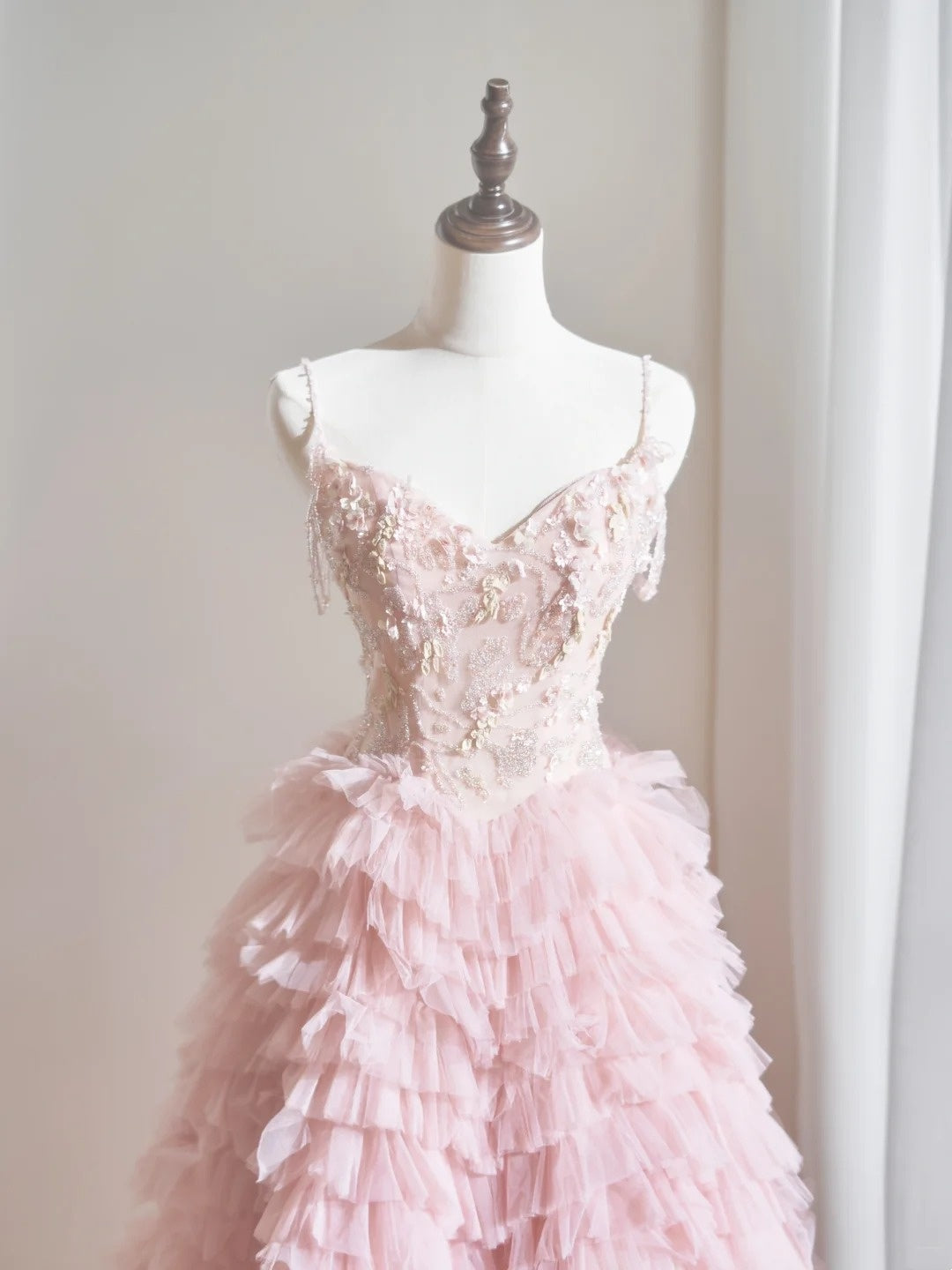 Cute Ball Gown Spaghetti Strap Blush Pink Tulle Long Prom Dresses Inspiration Evening Gowns Formal Party Prom Dress N235
