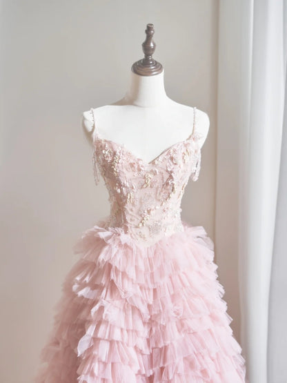 Cute Ball Gown Spaghetti Strap Blush Pink Tulle Long Prom Dresses Inspiration Evening Gowns Formal Party Prom Dress N235