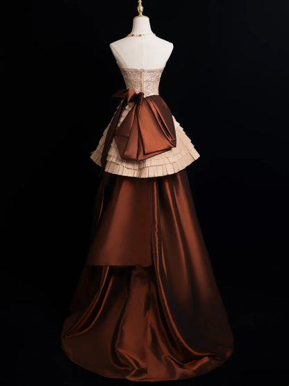 Modest Ball Gown Strapless Champagne Beaded Top Brown Skirt Long Evening Prom Dresses Long Evening Formal Dress N272