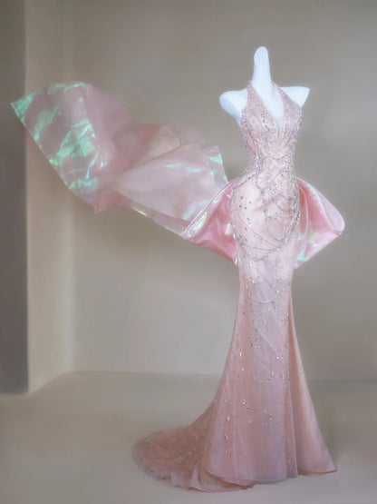 Classy Mermaid Halter Pink Sequin For Senior Teens Girls People Long Prom Dresses Formal Dress 20th Birthday Outfits N135
