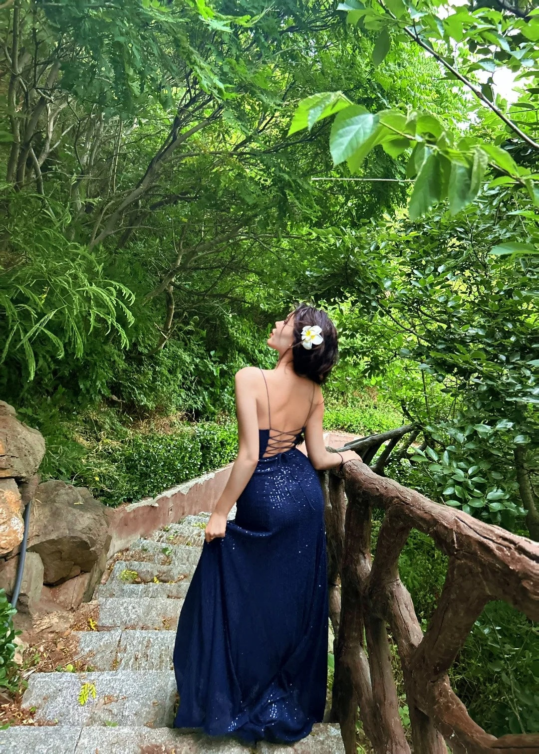 Sexy Navy Blue V-neck Lace-Up Mermaid Long Prom Dress with Slit AB640