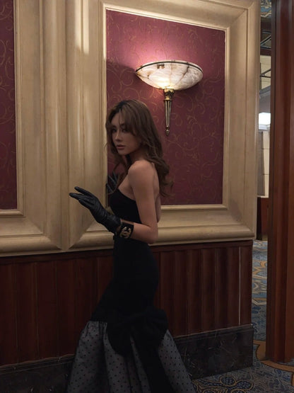 Vintage Mermaid Strapless Black Polka Dots Satin Long Prom Dresses Inspo Semi Formal Gown N696
