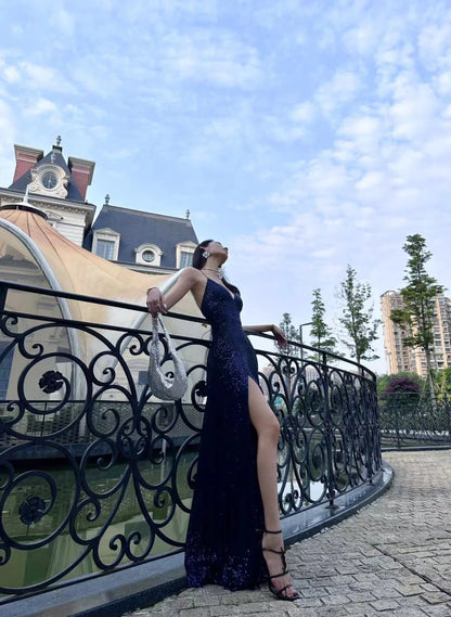 Sexy Navy Blue V-neck Lace-Up Mermaid Long Prom Dress with Slit AB640
