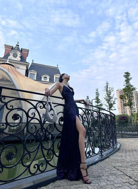 Sexy Navy Blue V-neck Lace-Up Mermaid Long Prom Dress with Slit AB640
