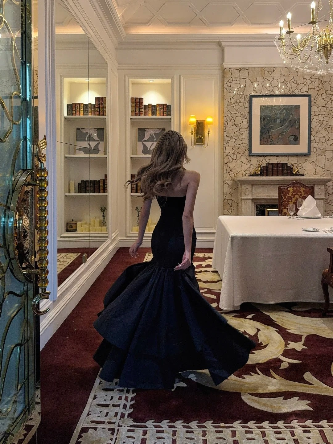 Timeless Mermaid Strapless Black With Ruffles Satin Long Prom Dresses Inspo Semi Formal Gown N699