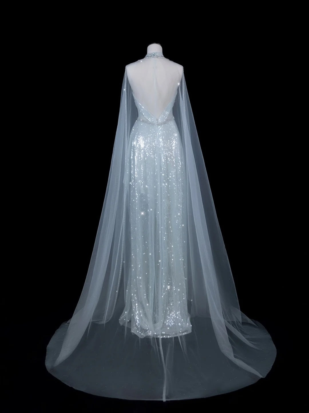 Elegnt A line High Neck Light Sky Blue Sequined Long Prom Dress Fashion Aesthetic High School Formal Dresses Party Outfits Gown N688