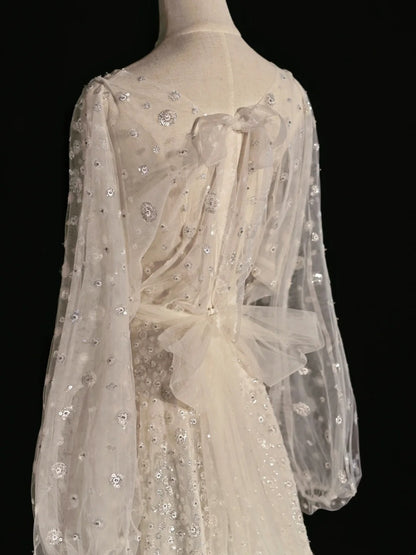 Classic A line Wedding Dresses Scoop Neck Sequin White With Long Sleeves Brides Dress Sequin Bridal Gowns N243