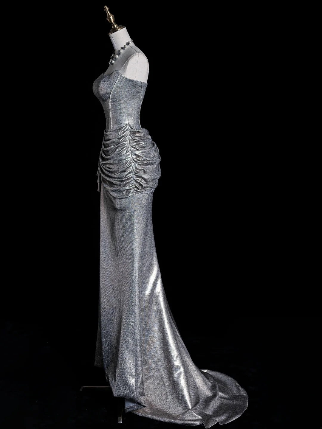 Whimsical Mermaid Strapless Silver Gray Sequin Pleated Bodice Long Prom Dresses Night Formal Dress N611
