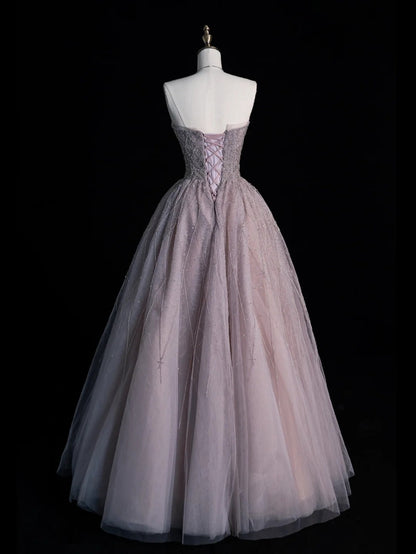 Modest Ball Gown Strapless Beadings Gray Tulle Long Prom Dresses For High School Teens Girls Formal Bridesmaid Dress N1071