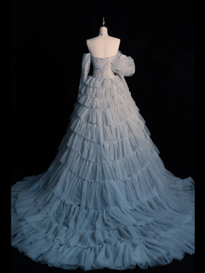 Modest Ball Gown Off The Shoulder Blue Tulle With Tiered Layers College Formal Outfits Long Prom Inspo Graduation Dresses N1224