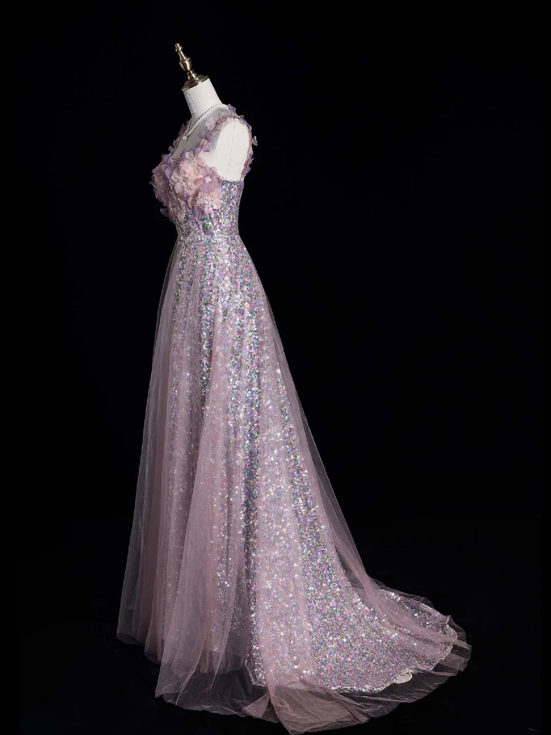 Elegant A line Spaghetti Straps Pink Sequins Long Prom Dresses Formal Party Gowns Vestidos De Dia N766