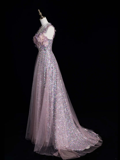 Elegant A line Spaghetti Straps Pink Sequins Long Prom Dresses Formal Party Gowns Vestidos De Dia N766
