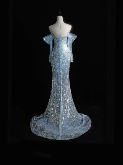Beautiful Mermaid Off The Shoulder Light Sky Blue Sequin Long Prom Dresses Formal Gowns Inspo Evening Outfit N245